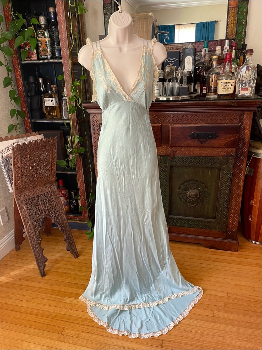 Chas A. Stevens Chicago Vintage 1920’s/30’s Blue Lace High-Low Silk Slip XS